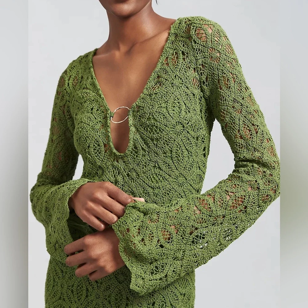 Significant Other 4 Green Crochet Imogen Maxi Dress Bell Sleeves - Picture 3 of 9